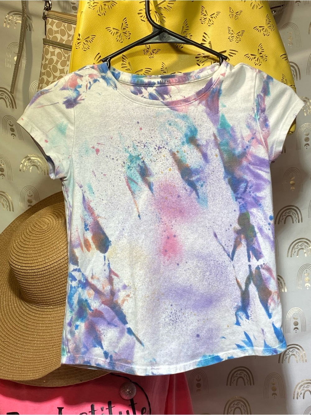 wonder nation White Tie-Dye Short Sleeve Tee with Purple Pink Blue Accents
